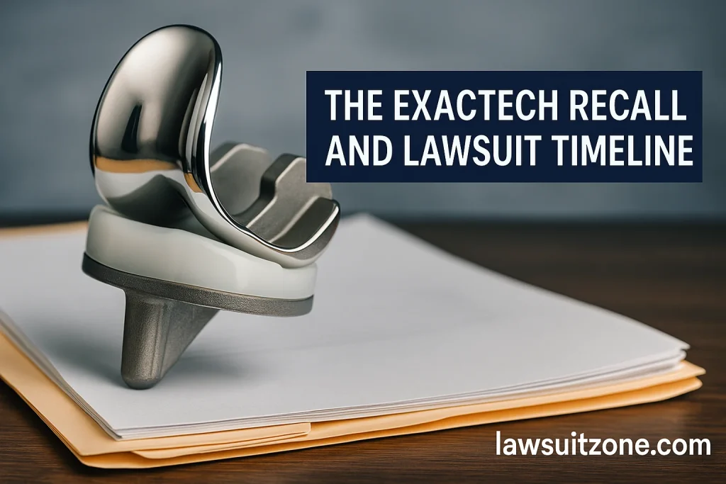 Titanium knee implant placed on legal documents with a title banner “The Exactech Recall and Lawsuit Timeline,” symbolizing the recall process and legal actions.