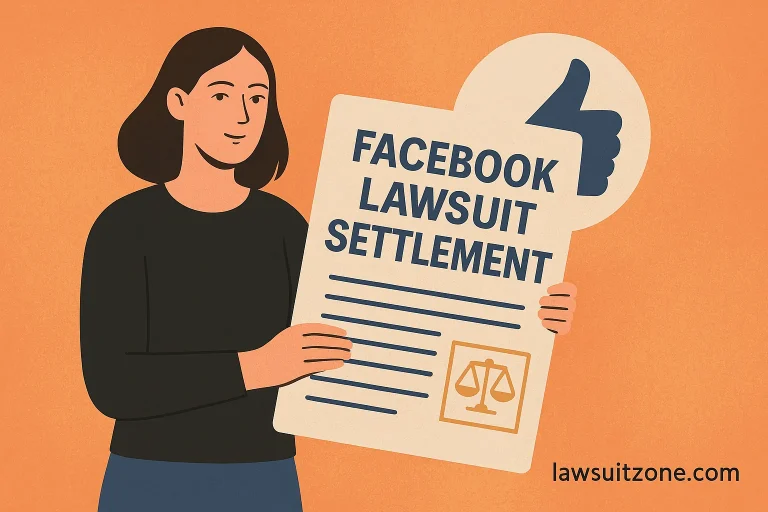 A flat-style digital illustration showing a woman standing beside the Facebook logo with a legal scale in the background, symbolizing the Facebook lawsuit settlement and user privacy issues, with “lawsuitzone.com” visible at the bottom.