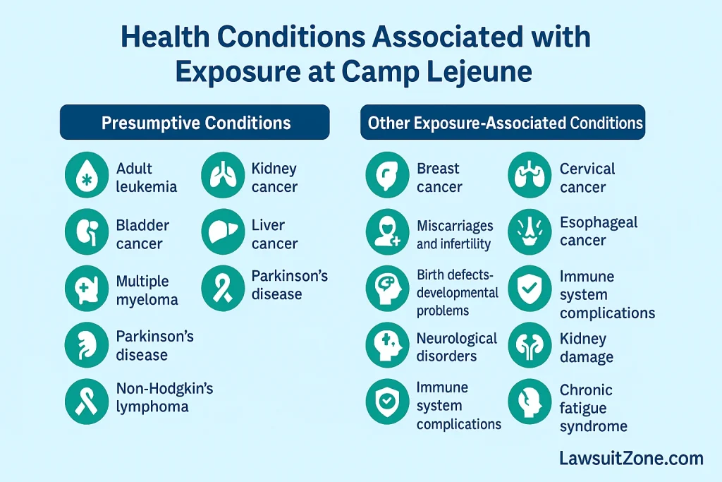 Infographic showing health conditions associated with Camp Lejeune exposure, including presumptive illnesses and other chemically linked diseases.
