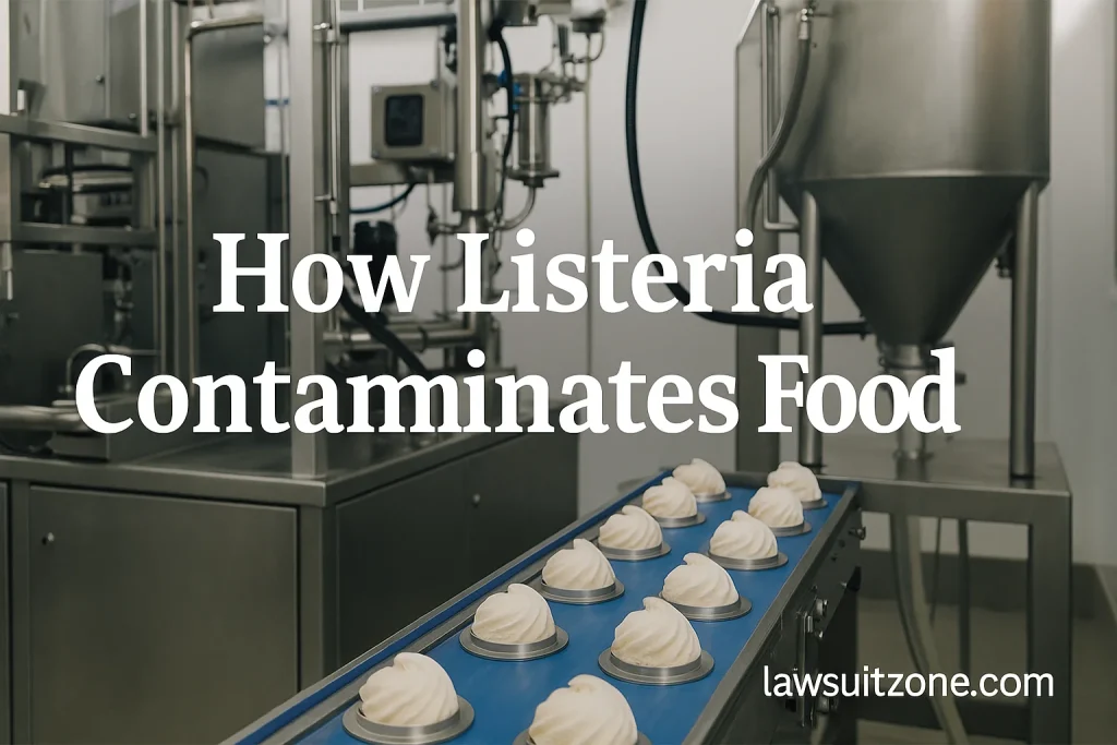 Factory image showing ice cream production line representing how Listeria contamination spreads in food manufacturing