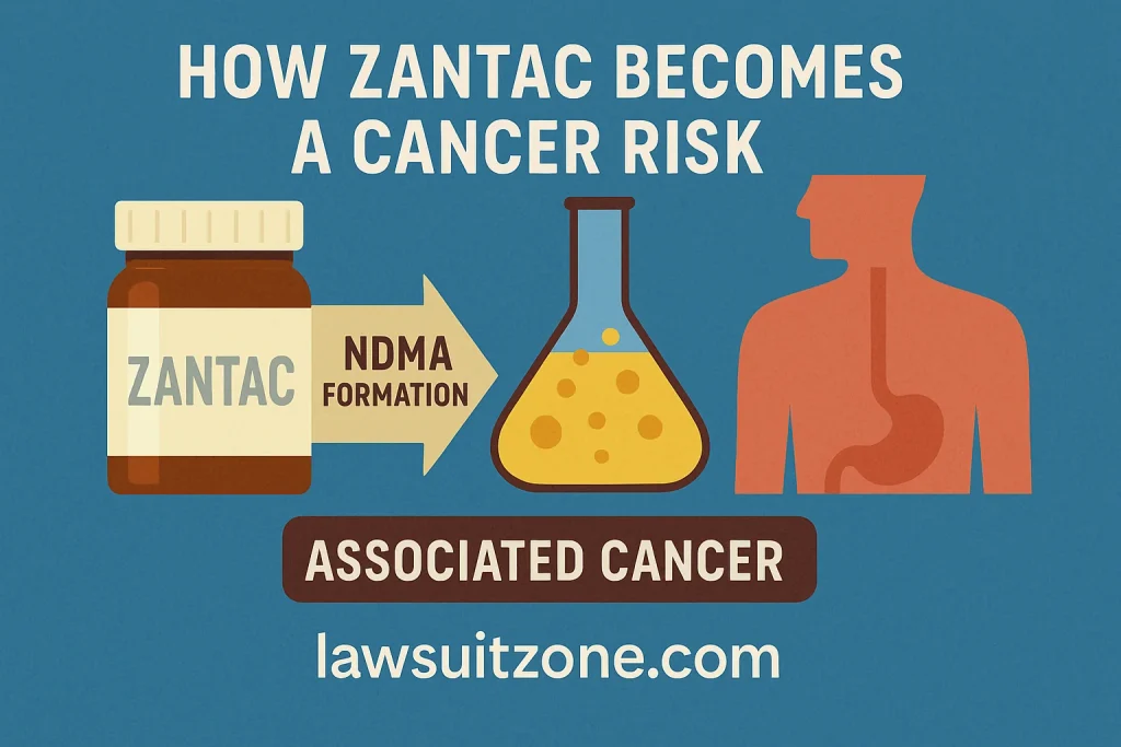 Infographic showing how Zantac breaks down into NDMA and increases cancer risk, with visuals of a pill bottle, chemical flask, human body diagram, and lawsuitzone.com.