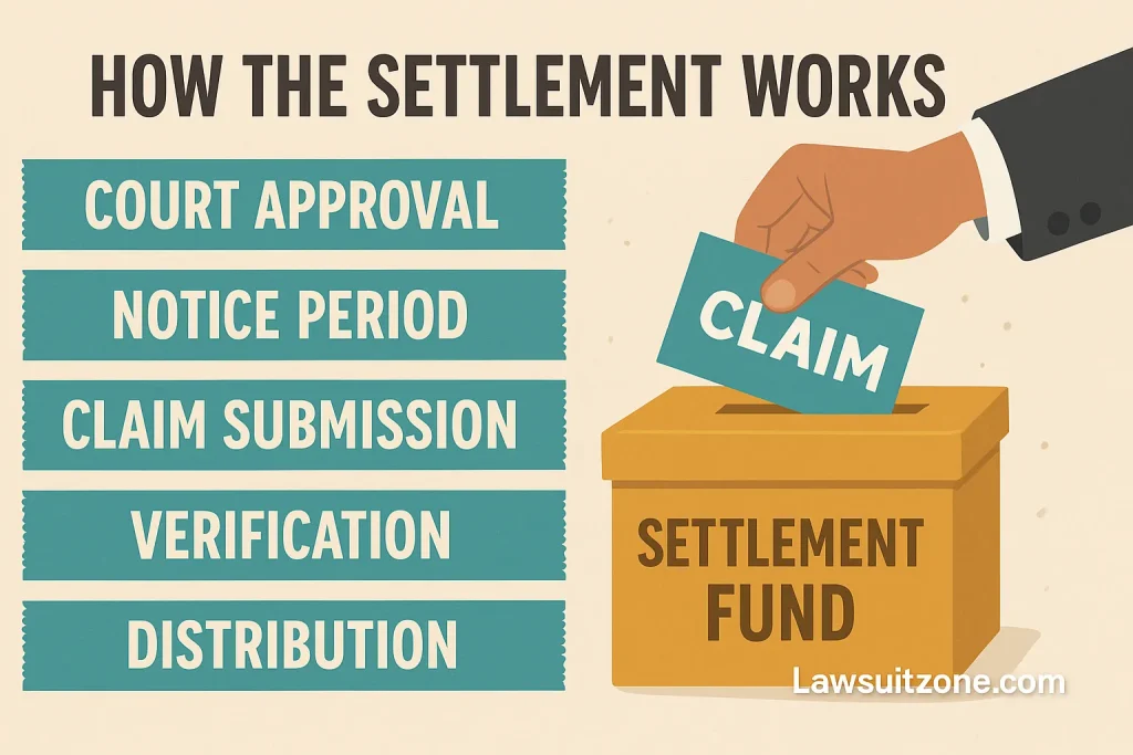 A flat-style digital infographic visualizing the claim process — from filing a claim and verification to approval and payout — with Facebook’s logo and legal icons, representing the Facebook lawsuit settlement process, and “lawsuitzone.com” text subtly placed at the bottom.