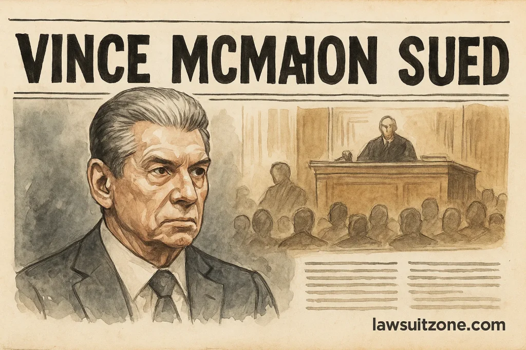 An artistic illustration of a wrestling championship belt placed beside legal documents and a gavel on a dimly lit desk, representing the beginning of the Vince McMahon lawsuit.