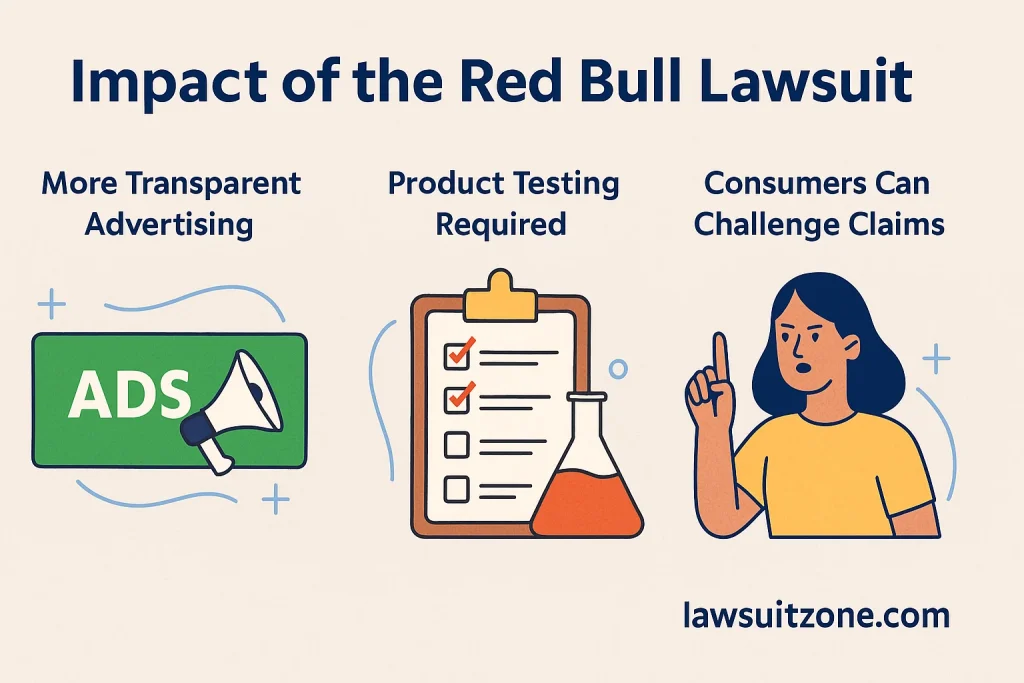A clean flat-style infographic showing the key impacts of the Red Bull lawsuit — transparent advertising, mandatory product testing, and consumer empowerment.