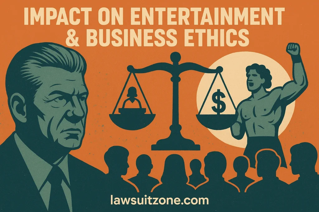 A vintage-style digital illustration depicting Vince McMahon, wrestling imagery, and justice scales symbolizing fairness, leadership, and corporate ethics, with lawsuitzone.com at the bottom.