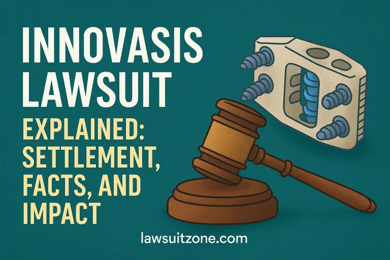 Digital feature image showing a gavel and spinal implant symbolizing the Innovasis lawsuit with “lawsuitzone.com” at the bottom.