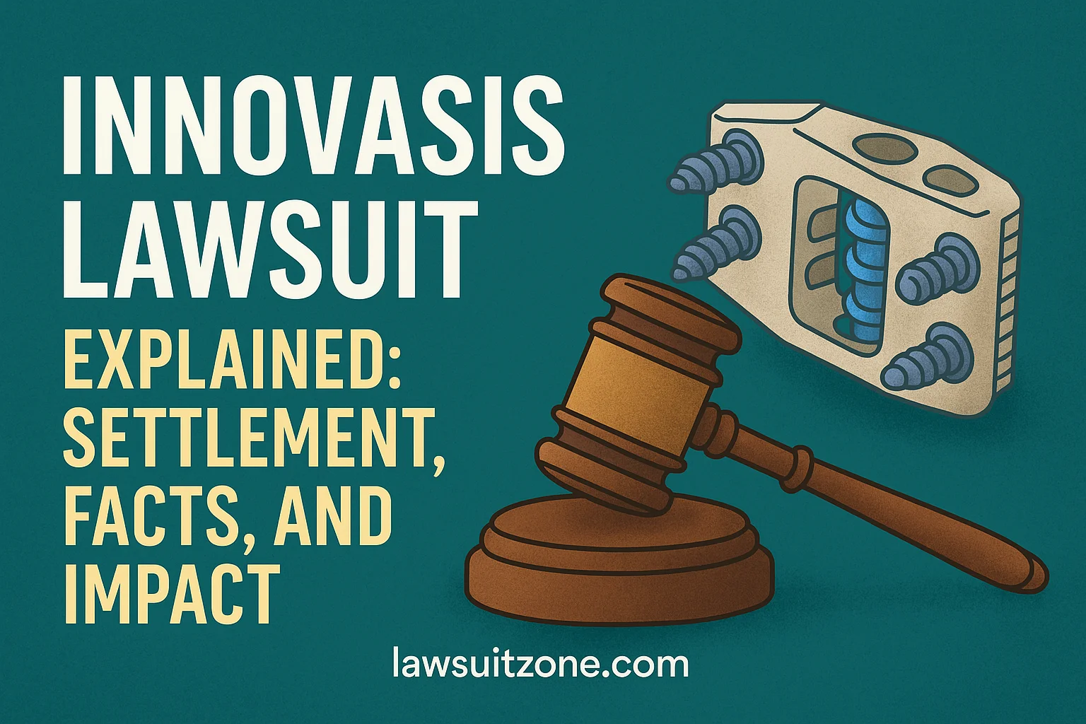 Digital feature image showing a gavel and spinal implant symbolizing the Innovasis lawsuit with “lawsuitzone.com” at the bottom.