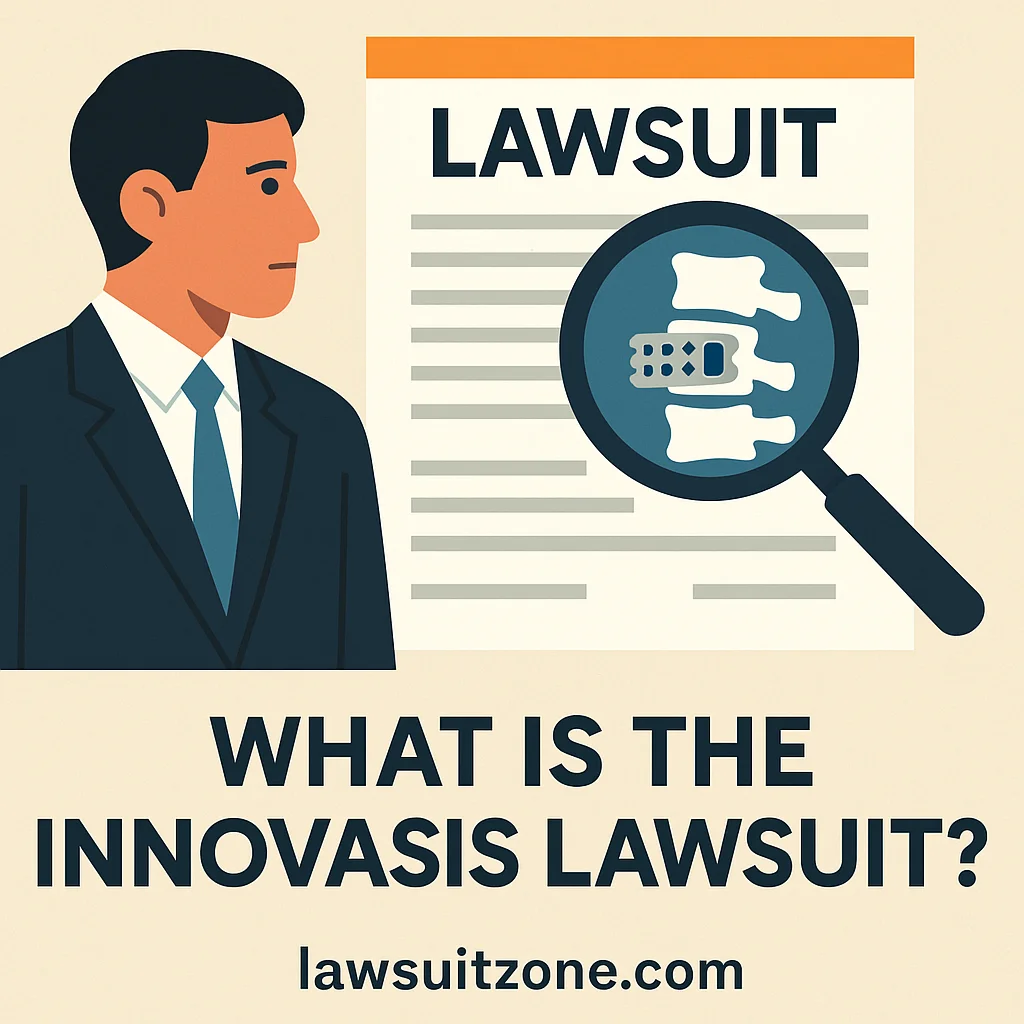 Flat-style digital illustration depicting doctors, compliance officers, and justice scales symbolizing the main allegations in the Innovasis lawsuit.