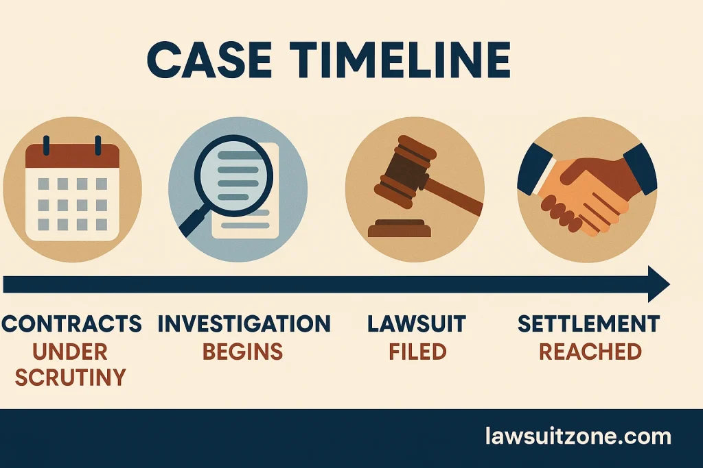 Flat-style digital infographic showing courthouse pillars, compliance checklists, and financial icons representing the settlement phase of the Innovasis lawsuit, with lawsuitzone.com watermark.