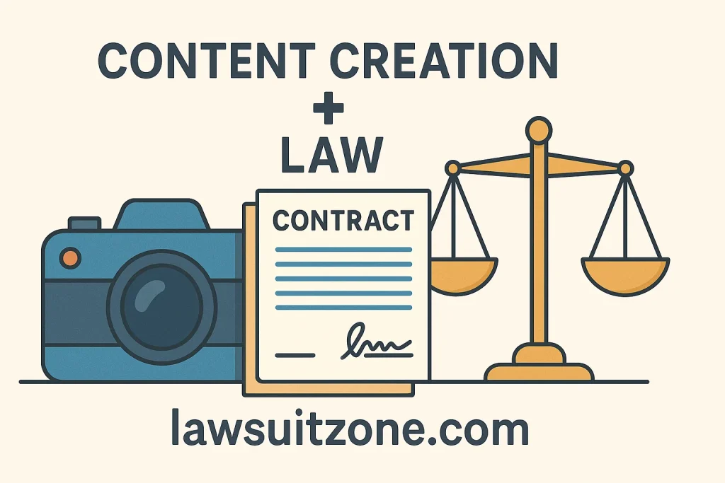 A flat-style illustration showing a camera, a signed contract, and justice scales side by side with “lawsuitzone.com,” symbolizing influencer accountability and legal boundaries.