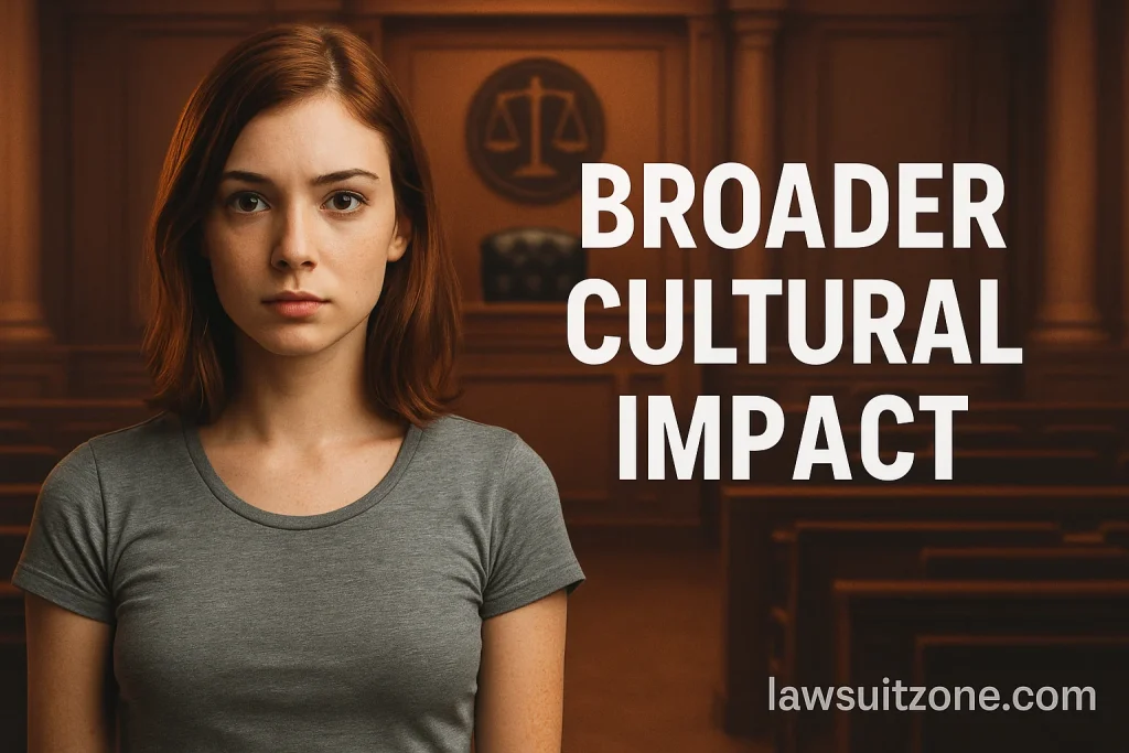 A digital illustration of a woman in a courtroom background with the words “Broader Cultural Impact,” representing public awareness and legal symbolism in the Janice Griffith lawsuit.