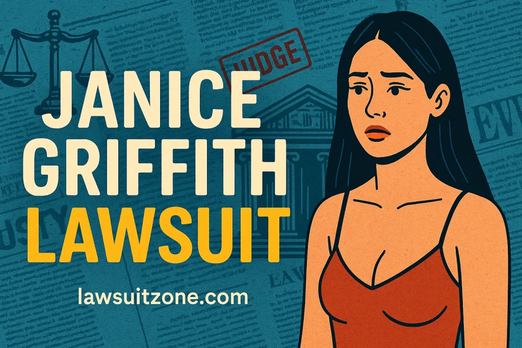 Digital illustration showing Janice Griffith beside justice-themed graphics symbolizing her lawsuit case.