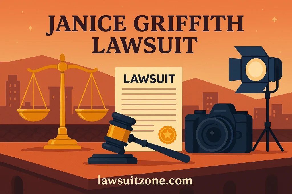 A flat-style digital illustration depicting justice scales, a gavel, and a camera with “lawsuitzone.com,” symbolizing the Janice Griffith lawsuit and accountability in media.