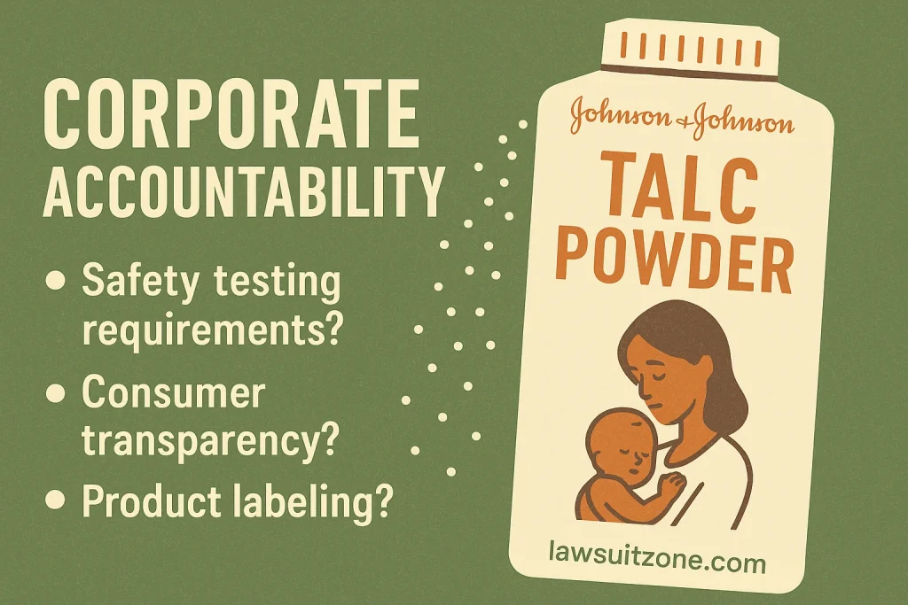 Flat-design infographic showing Johnson & Johnson talc powder container with corporate accountability questions — safety testing, transparency, product labeling — and lawsuitzone.com branding.