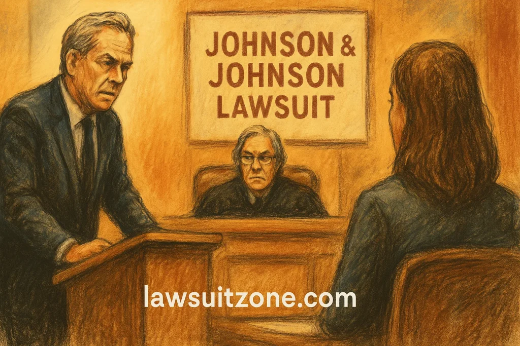 A pastel-style courtroom illustration showing a judge, attorney, and plaintiff during a Johnson & Johnson lawsuit hearing, with lawsuitzone.com branding.