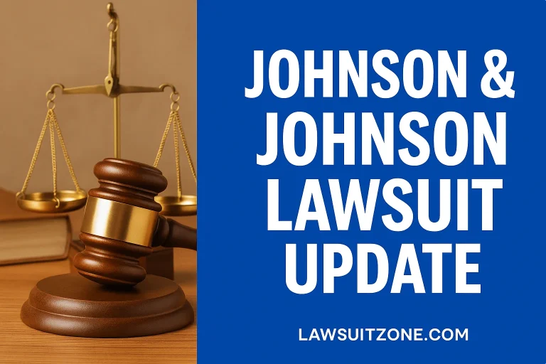 Gavel and justice scales beside a bold Johnson & Johnson Lawsuit Update title graphic, representing legal updates and consumer litigation.