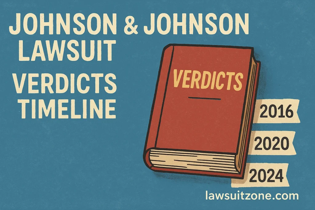 A vintage-style infographic showing key Johnson & Johnson lawsuit verdict years — 2016, 2020, and 2024 — with a illustrated verdicts book and lawsuitzone.com branding.