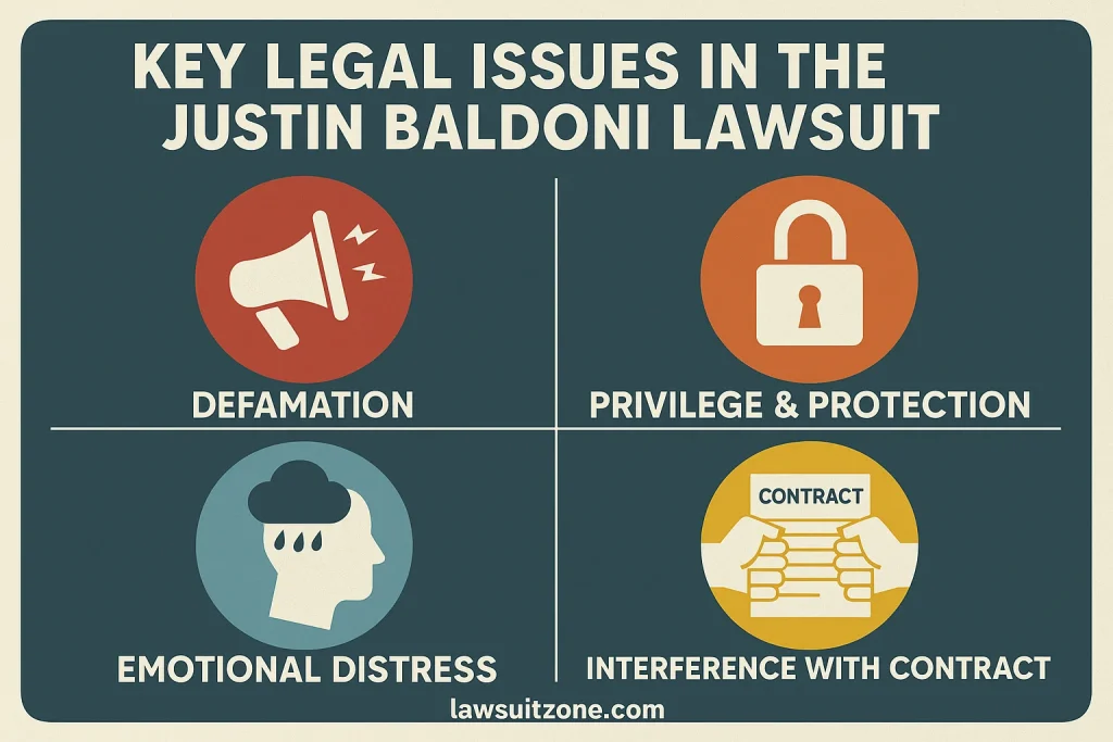 Infographic showing icons for defamation, privilege and protection, emotional distress, and contract interference, with lawsuitzone.com at the bottom.