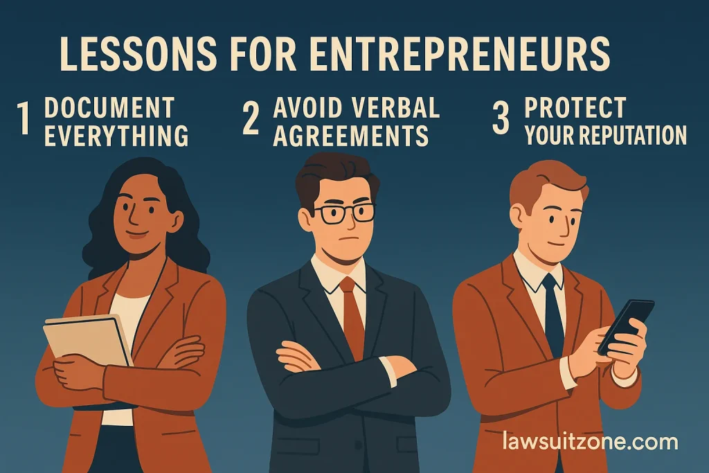 Infographic showing three key lessons for entrepreneurs — document everything, avoid verbal agreements, and protect your reputation — featuring the URL lawsuitzone.com.