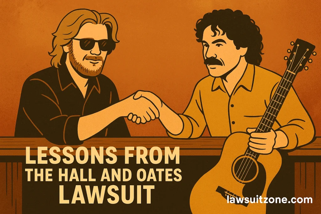 Flat-style illustration of Daryl Hall and John Oates shaking hands over a contract surrounded by music notes, symbolizing resolution and lessons in professionalism, with lawsuitzone.com text at the bottom.