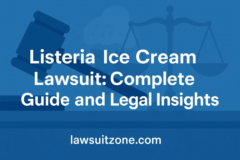 Listeria ice cream lawsuit guide with gavel, scales of justice, and ice cream cone background