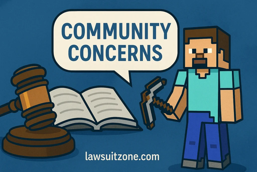 Minecraft characters arguing over an IP document outside a courthouse, symbolizing intellectual property issues in the Mojang lawsuit.