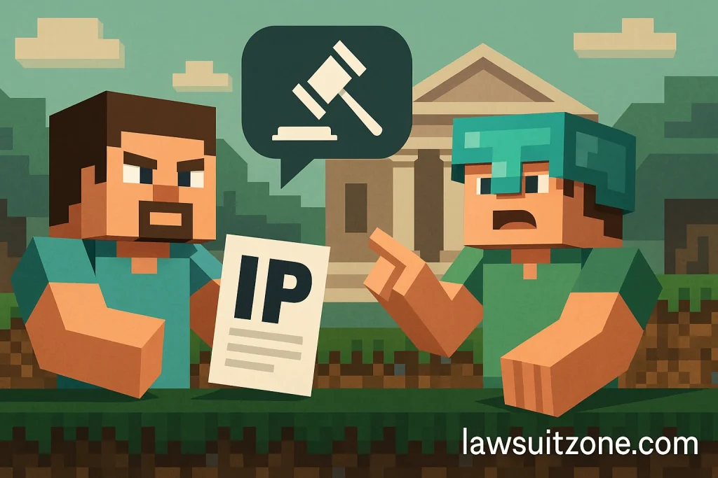 Minecraft characters arguing over an IP document outside a courthouse, symbolizing intellectual property issues in the Mojang lawsuit.