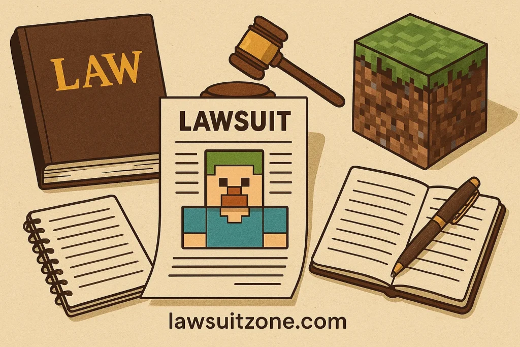 Infographic showing Minecraft elements like a law book, gavel, and pixel block, symbolizing legal issues in the Mojang lawsuit.