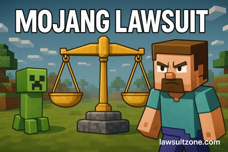 Alt Text: Minecraft-style artwork featuring Steve, a Creeper, and golden justice scales, symbolizing the Mojang lawsuit and balance between creativity and law.