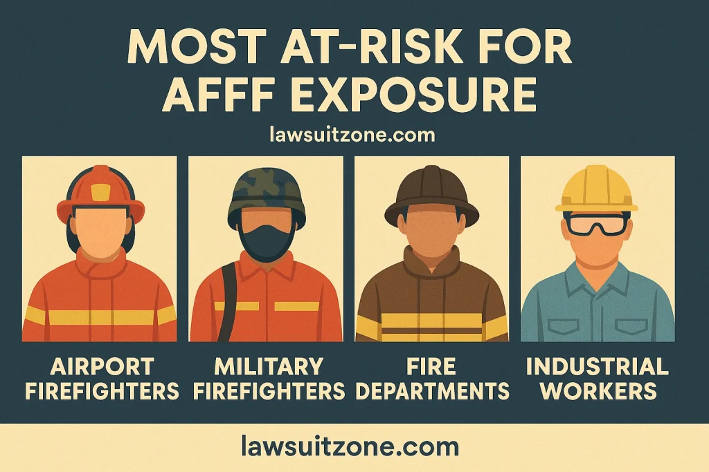 Infographic showing airport firefighters, military firefighters, fire departments, and industrial workers most at risk of AFFF foam exposure.
