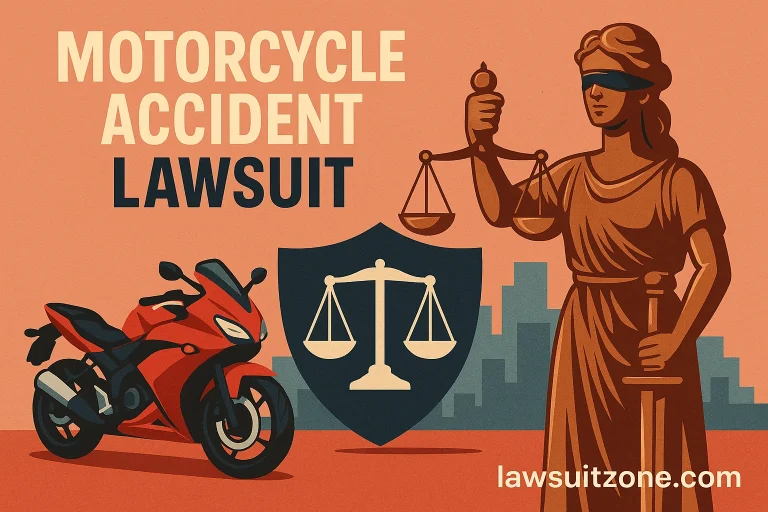 Illustration featuring a red motorcycle beside Lady Justice holding scales, symbolizing legal action and motorcycle safety, with lawsuitzone.com branding.