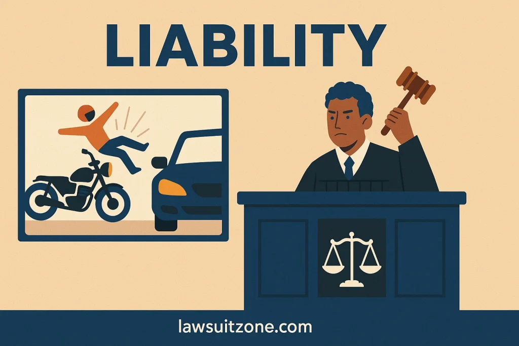 Illustration of a judge holding a gavel with a motorcycle crash graphic labeled “Liability,” symbolizing legal judgment and responsibility, showing lawsuitzone.com.