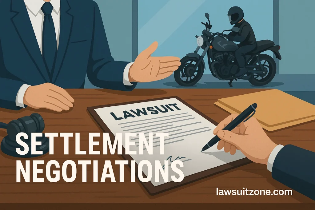 Illustration showing two professionals discussing a motorcycle accident lawsuit settlement, with a damaged bike visible outside and “lawsuitzone.com” branding.