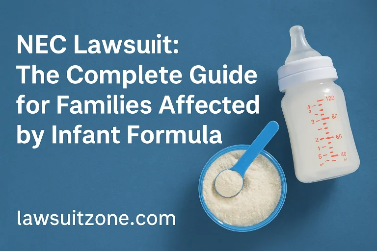 Digital banner featuring baby formula bottle and scoop with title “NEC Lawsuit: The Complete Guide for Families Affected by Infant Formula.”