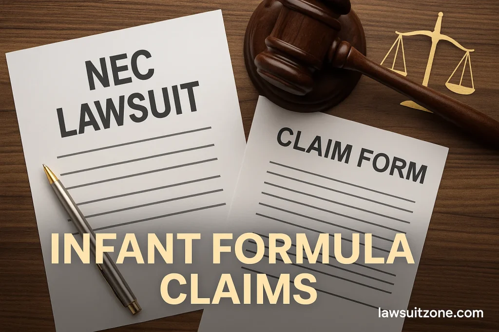 Flat lay photo with NEC lawsuit documents, claim form, judge’s gavel, and legal scale symbolizing infant formula claims and justice.