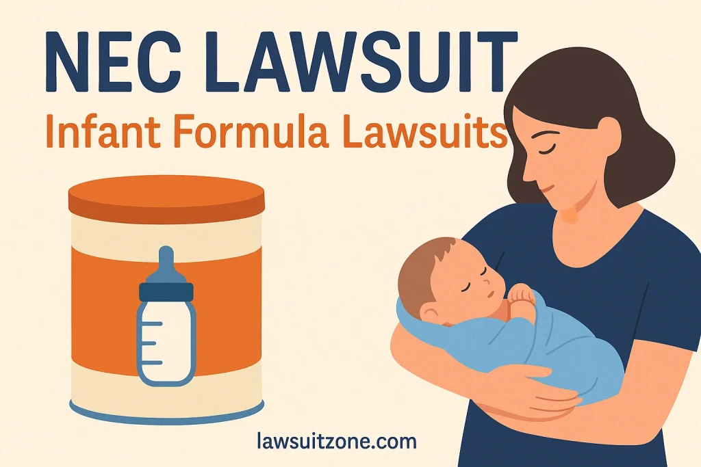Illustration of a mother holding a newborn beside a baby formula container, representing the NEC lawsuit over infant formula safety.