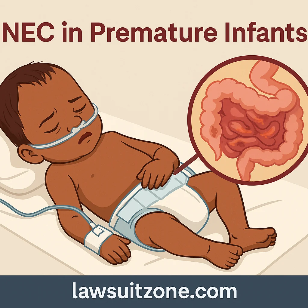 Medical illustration of a premature baby affected by NEC, showing intestinal inflammation, representing the medical aspect of the NEC lawsuit.