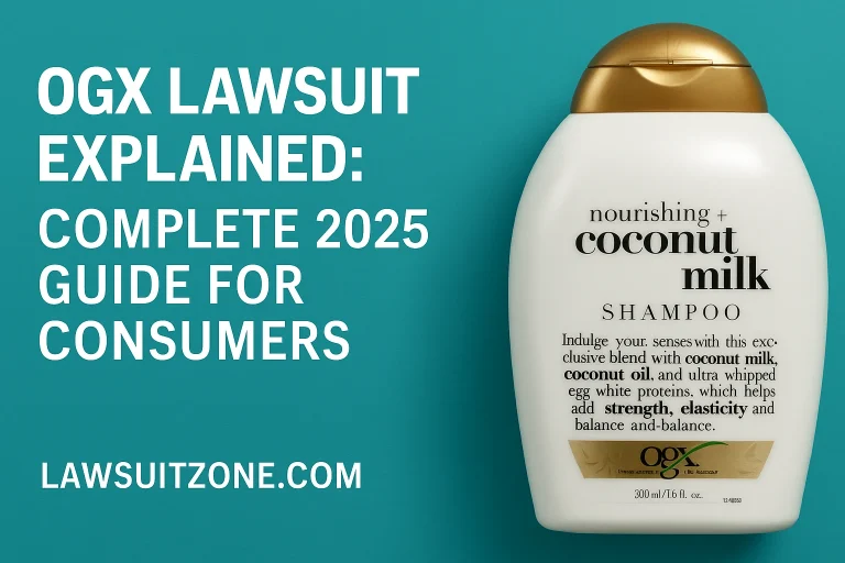 “Feature image showing OGX Coconut Milk shampoo bottle beside bold text about the OGX lawsuit, with lawsuitzone.com branding.”