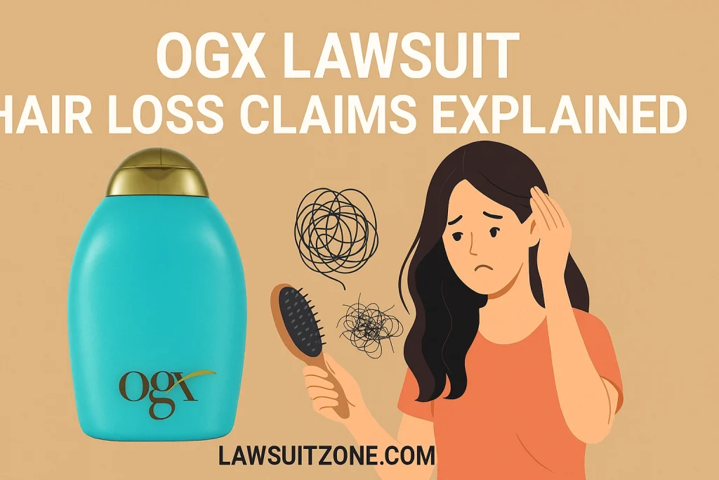 “Infographic showing OGX shampoo bottle and a woman experiencing hair loss, illustrating claims related to the OGX lawsuit, with lawsuitzone.com branding.”