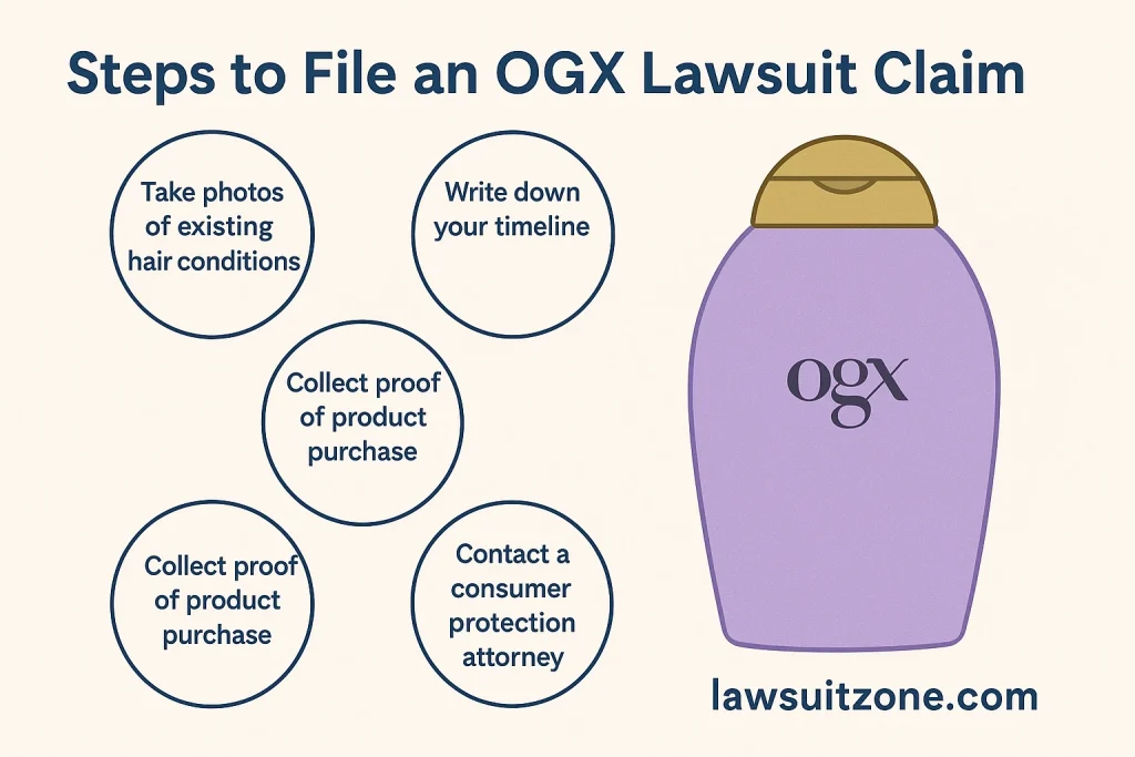 Infographic outlining the steps to file an OGX lawsuit claim, showing documentation, timeline notes, product proof, and an OGX bottle illustration with lawsuitzone.com branding.