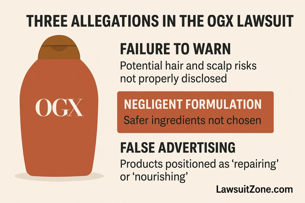 Infographic explaining the three key allegations in the OGX lawsuit — failure to warn, negligent formulation, and false advertising — with an OGX bottle illustration and lawsuitzone.com branding.