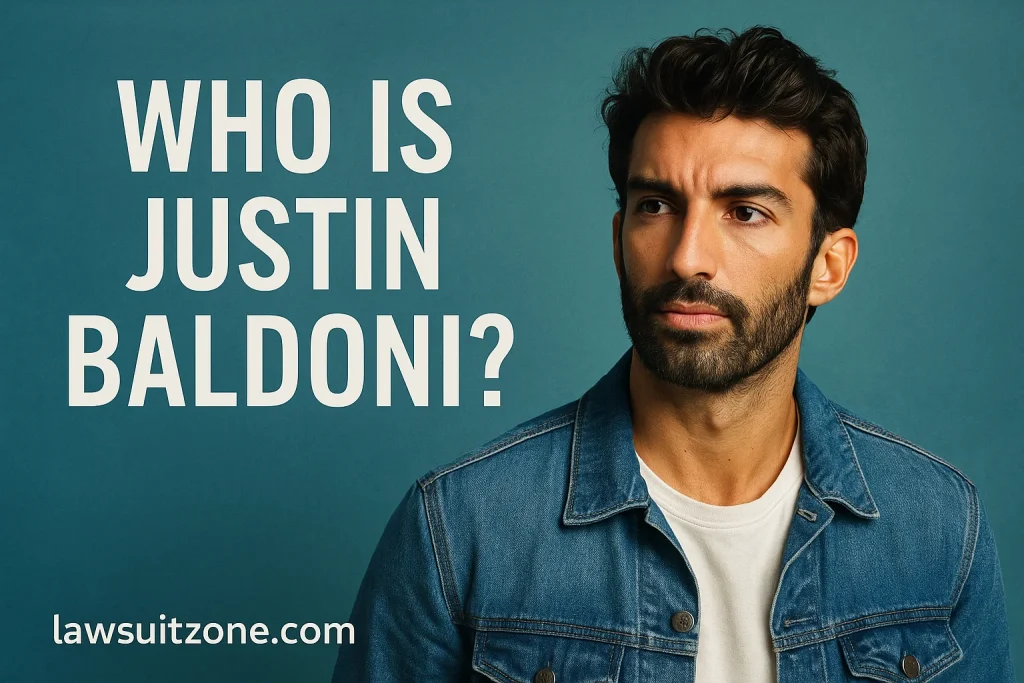 Digital illustration depicting a film set transforming into a courtroom under overlapping lights, symbolizing the origins of the Justin Baldoni lawsuit, with lawsuitzone.com subtly written at the bottom.