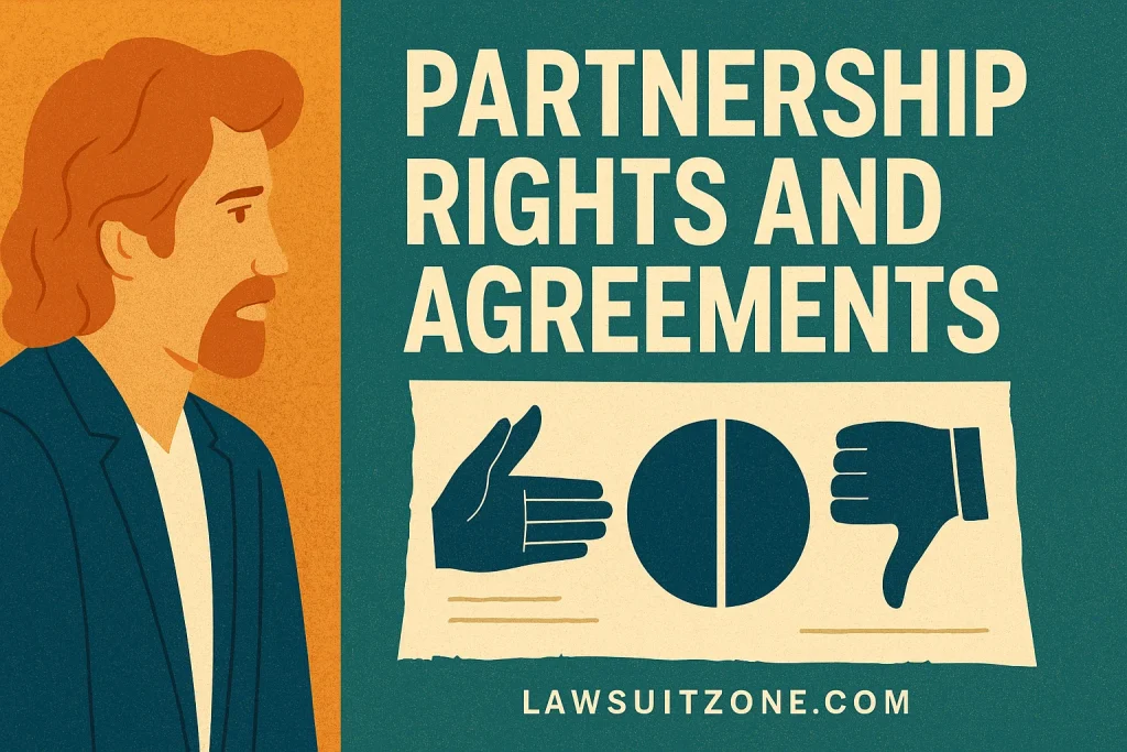 Flat textured illustration showing a man facing a parchment labeled “Partnership Rights and Agreements,” with thumbs up and thumbs down icons symbolizing conflict and consent, featuring lawsuitzone.com at the bottom.