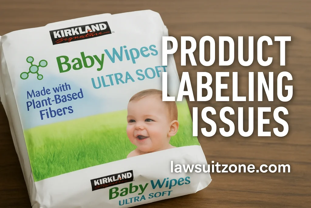 Close-up of Kirkland Signature baby wipes package highlighting labeling concerns and the “Product Labeling Issues” headline related to the Costco wipes lawsuit.