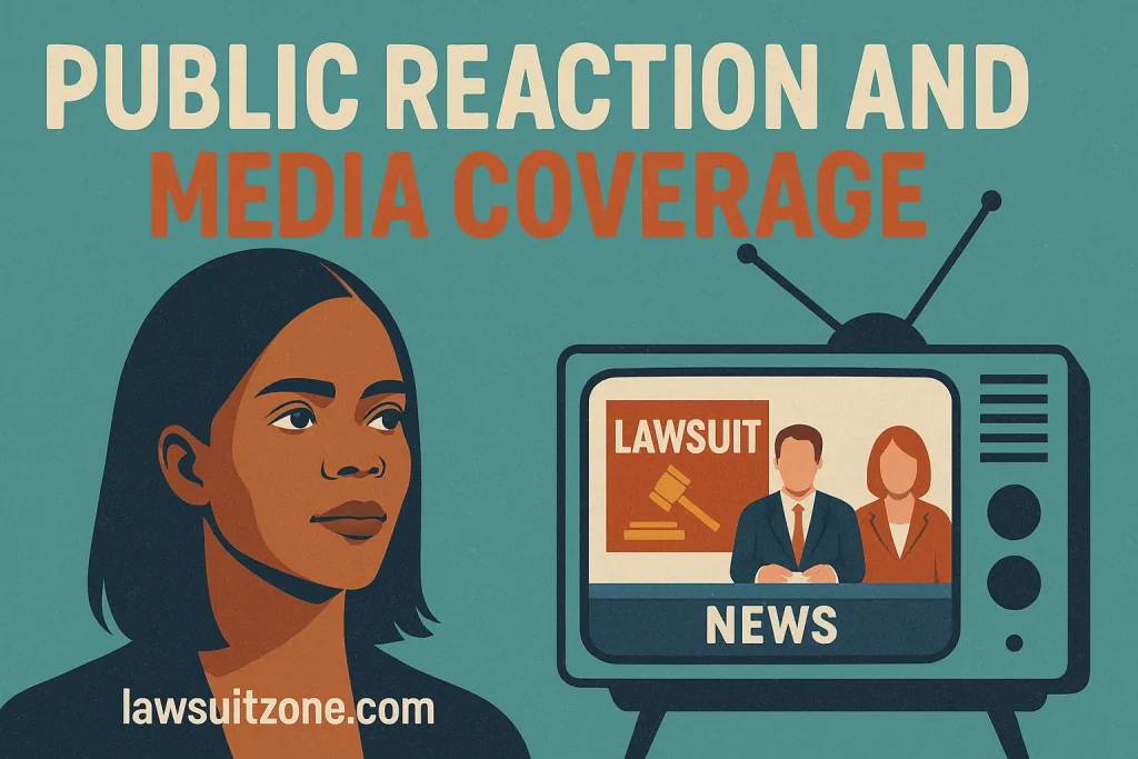 A digital news-style illustration showing reporters with microphones, social media screens, and online debate icons symbolizing the public and media response to the Candace Owens lawsuit, with “lawsuitzone.com” visible at the bottom.