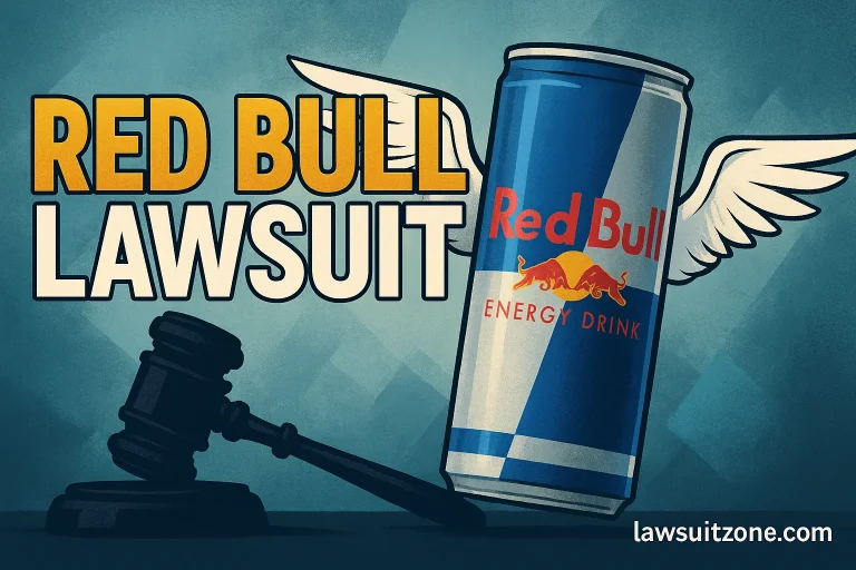 A Red Bull can placed beside a wooden judge’s gavel and legal documents on a courtroom table, symbolizing the Red Bull lawsuit and truth-in-advertising case.