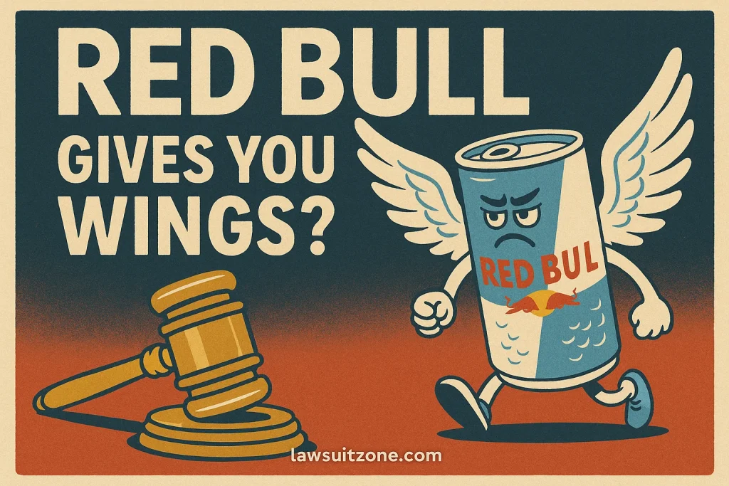 A vintage-style digital illustration of a Red Bull can with wings walking toward a golden gavel, reflecting the brand’s “Gives You Wings” slogan in a courtroom-themed context.