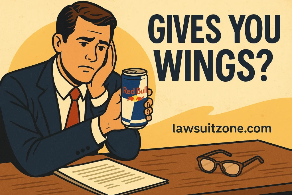 Illustration of a man in a suit holding a Red Bull can with the caption “Gives You Wings?” symbolizing consumer skepticism in the Red Bull lawsuit.