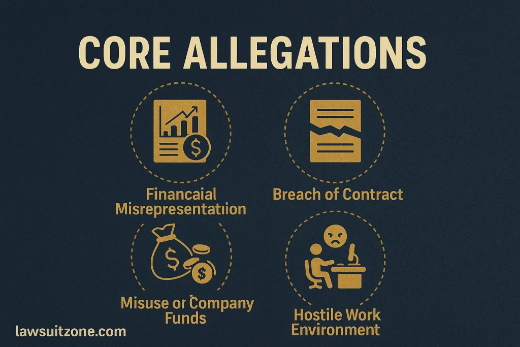 Infographic showing the four core allegations in the Rowdy Oxford lawsuit — financial misrepresentation, breach of contract, misuse of funds, and hostile work environment — with the URL lawsuitzone.com.