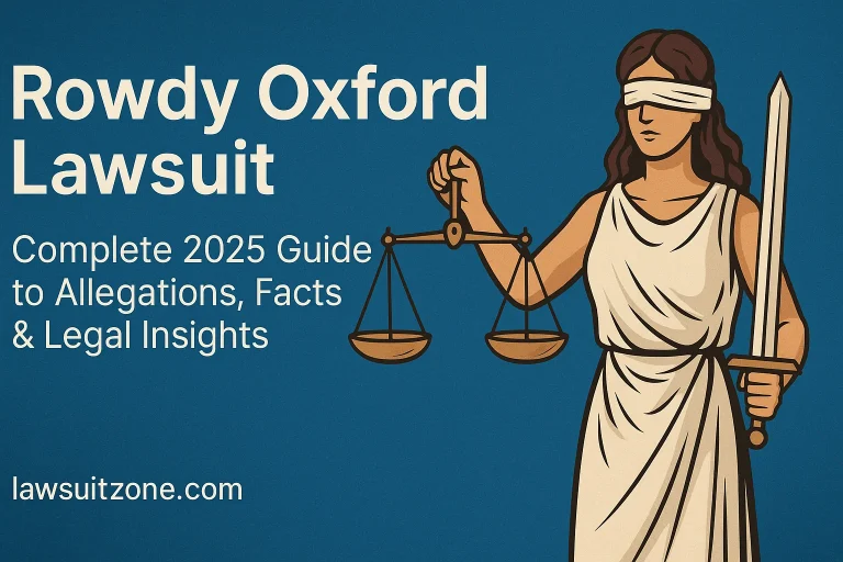 Digital artwork of Lady Justice holding scales and a sword beside the title “Rowdy Oxford Lawsuit: Complete 2025 Guide to Allegations, Facts & Legal Insights,” with the URL lawsuitzone.com.